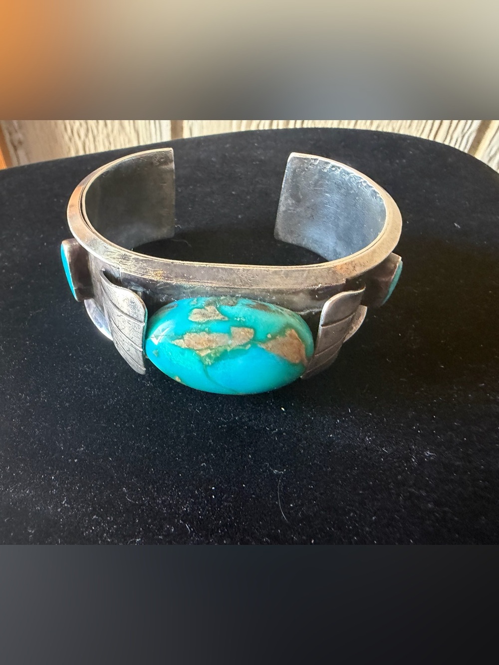 Heavy 80g Vintage Navajo Turquoise Coral Sterling Silver Shadowbox Cuff Bracelet